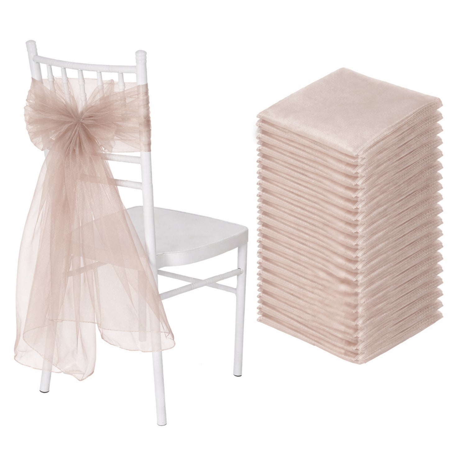 Dusty rose organza chair sashes for weddings, 20 pack, reusable and sheer.
