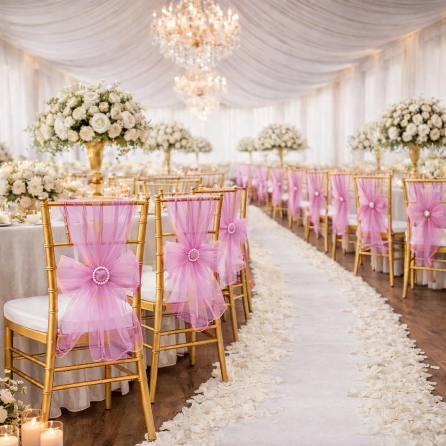 Pink organza chair sashes elegantly adorn wedding reception chairs.