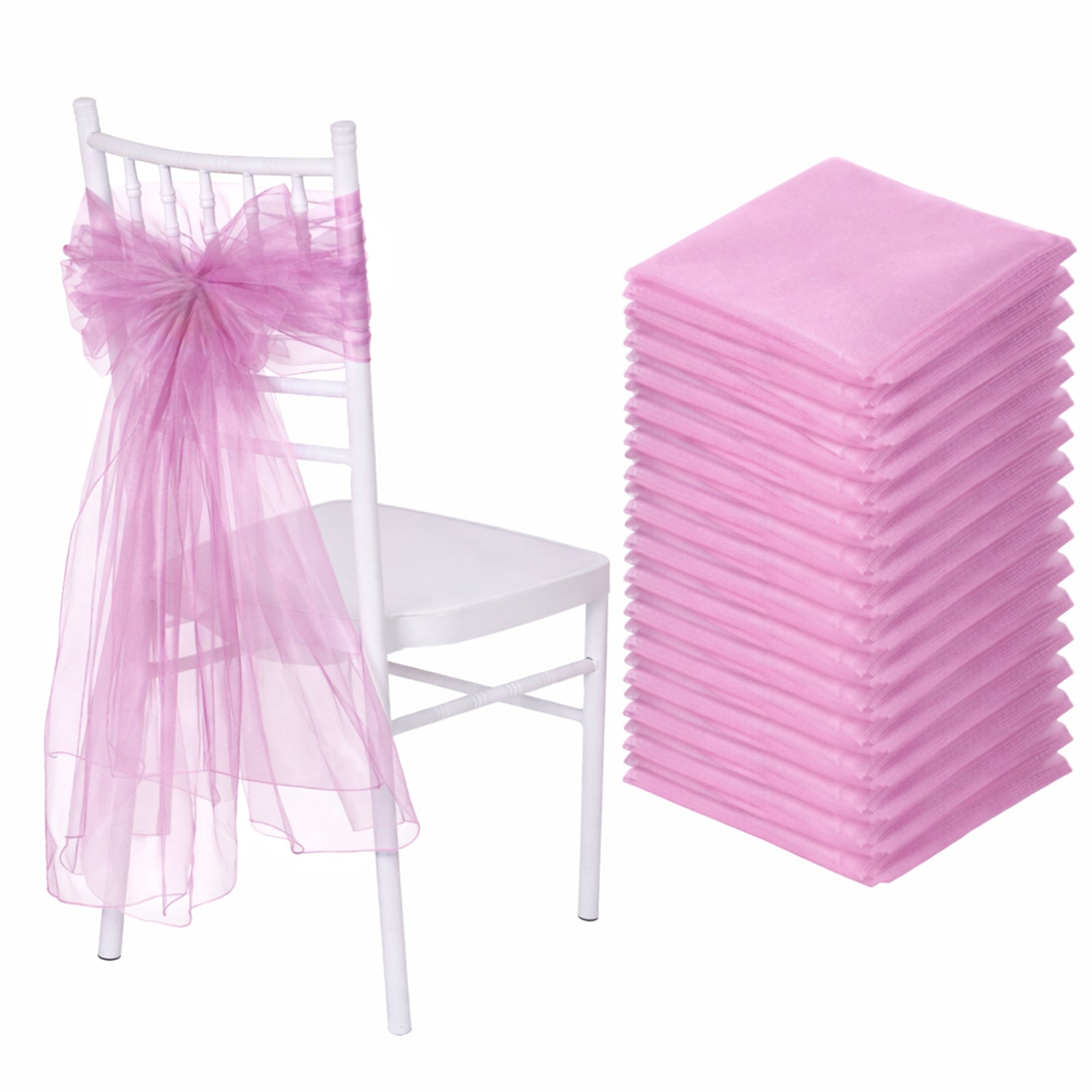 Pink organza chair sashes for weddings, 20 pack, 6"x108".