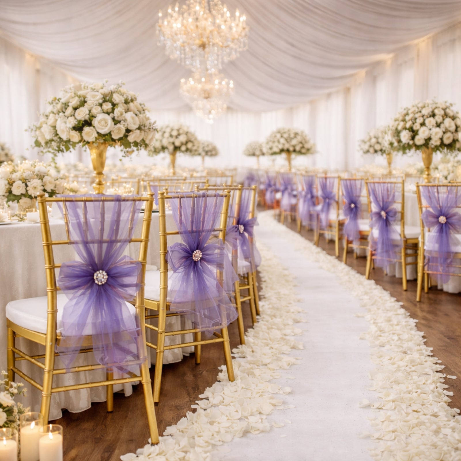 Purple organza chair sashes elegantly adorn gold chairs at a wedding venue.