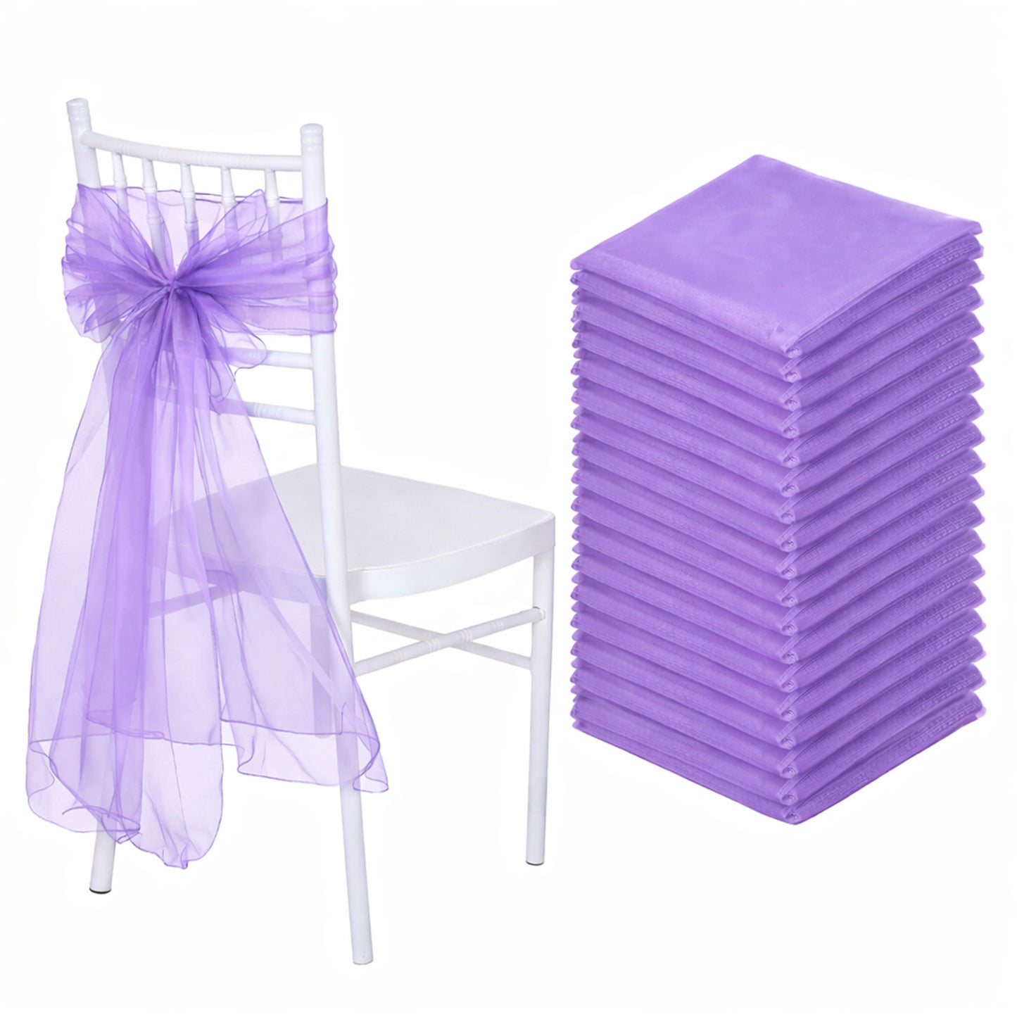 Purple organza chair sashes for weddings, 20 pack, 6"x108".