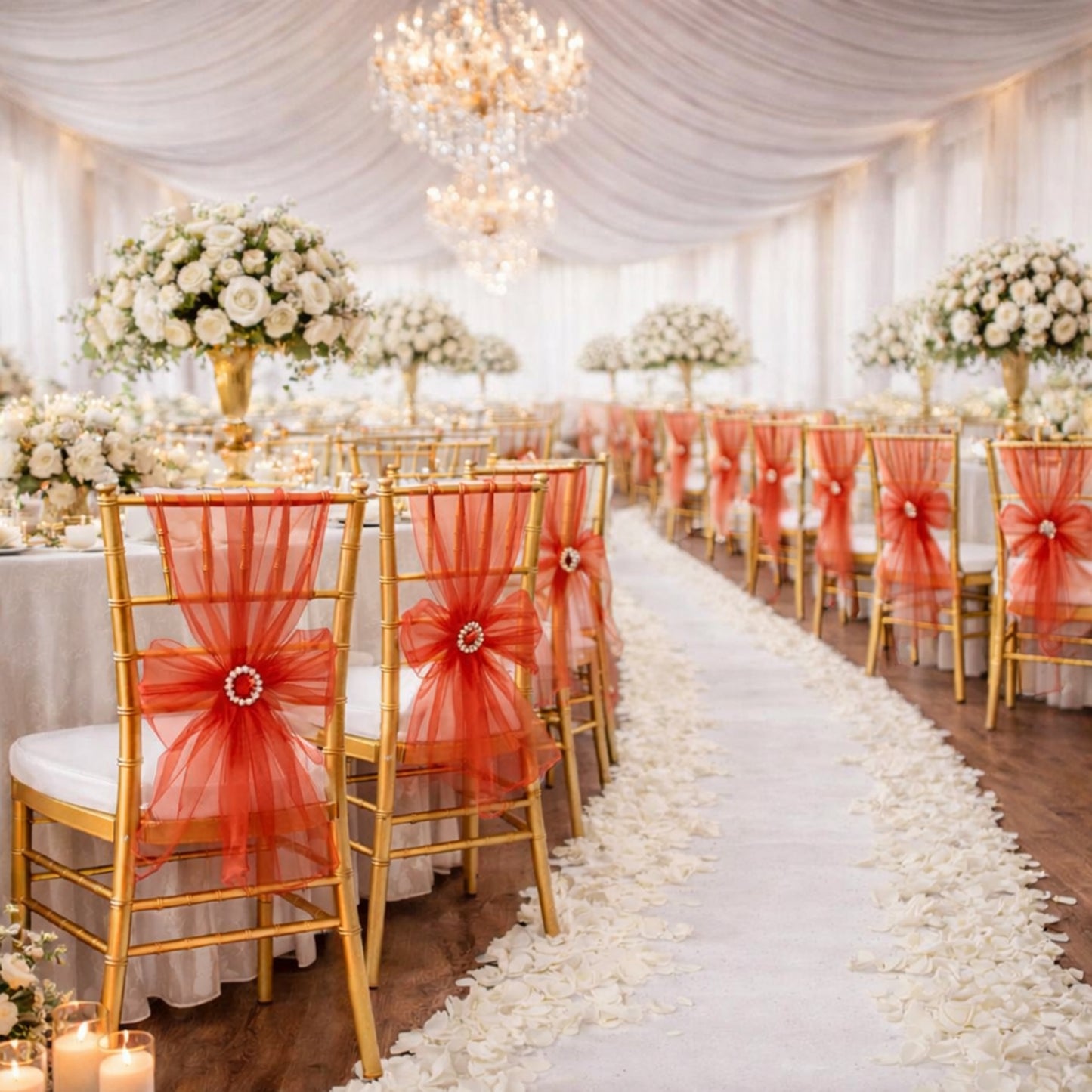 Red organza chair sashes adorning elegant wedding chairs in a beautifully decorated venue.