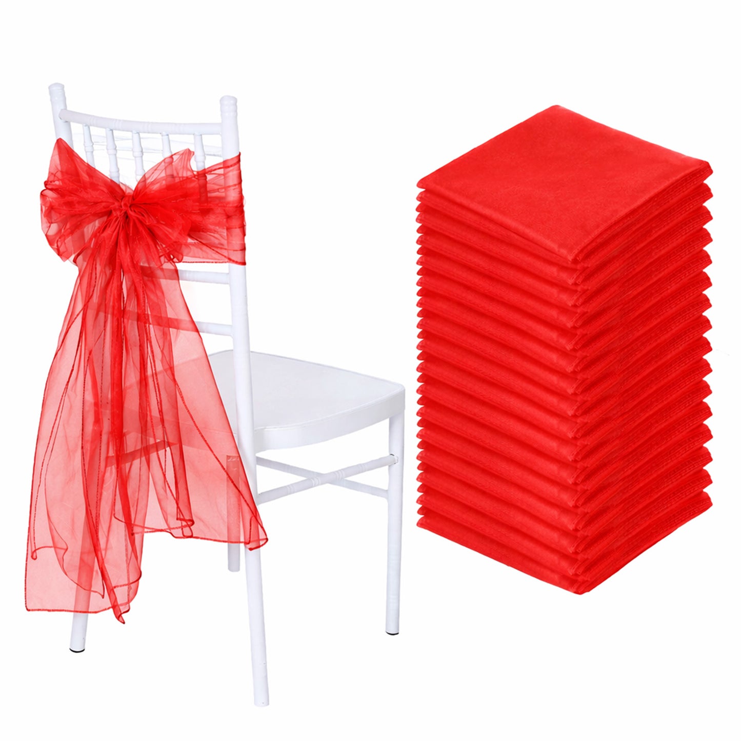 Red organza chair sashes for weddings, 20 pack, 6"x108".
