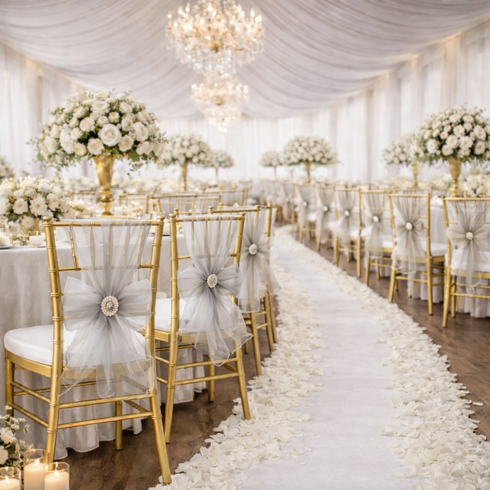 Silver organza chair sashes tied in bows at a wedding reception.