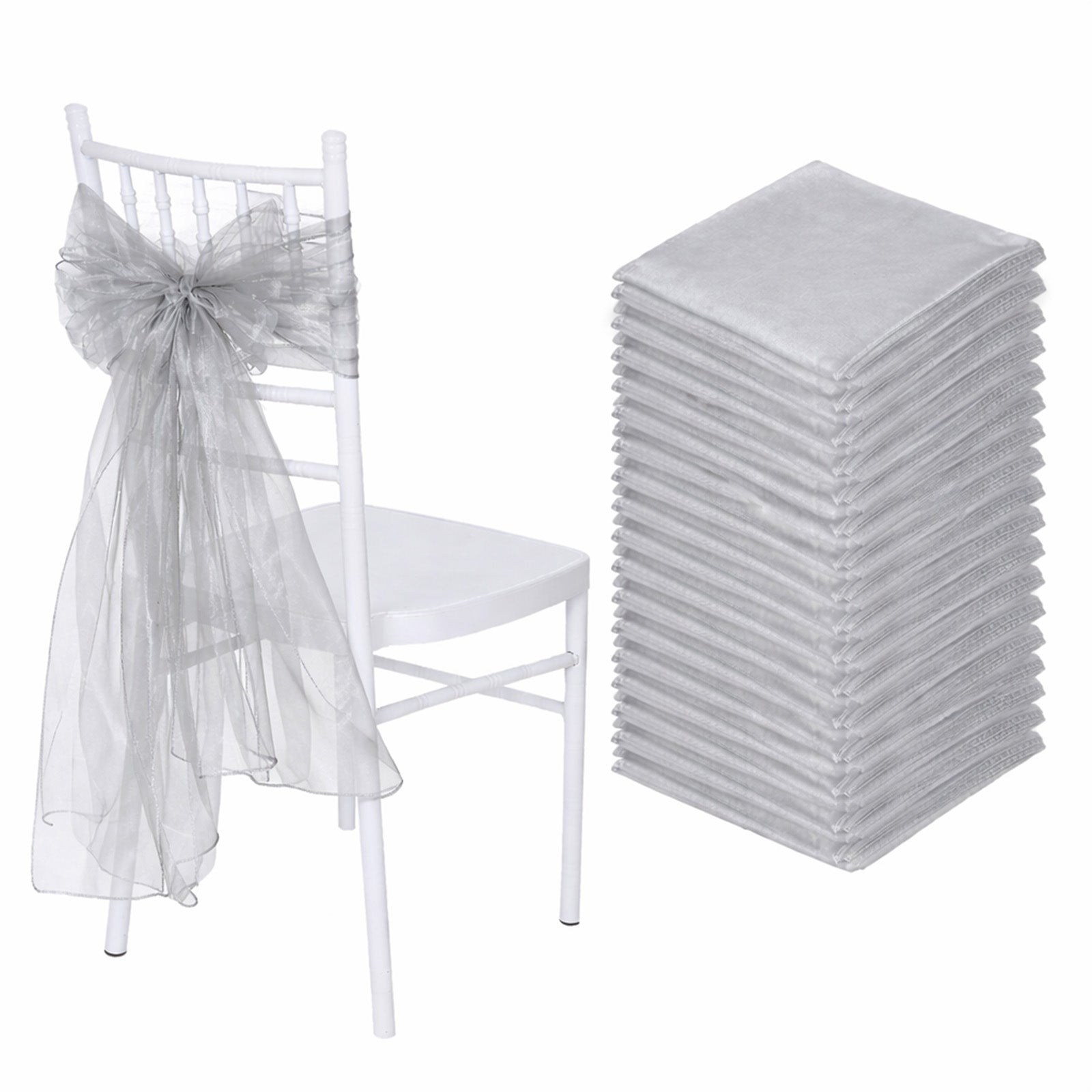 Silver organza chair sashes for weddings, 20 pack, 6"x108".