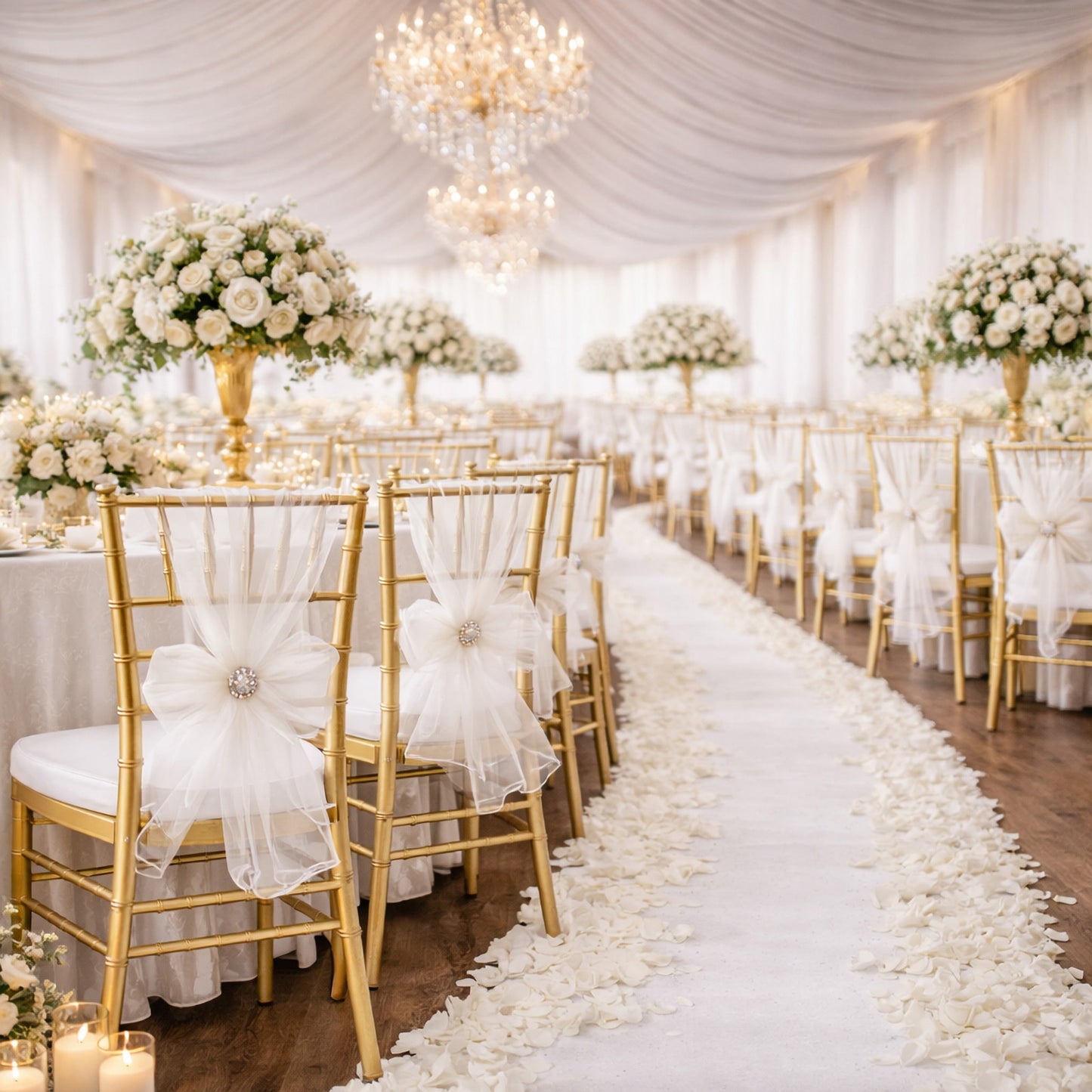 White organza chair sashes tied in bows at an elegant wedding reception.