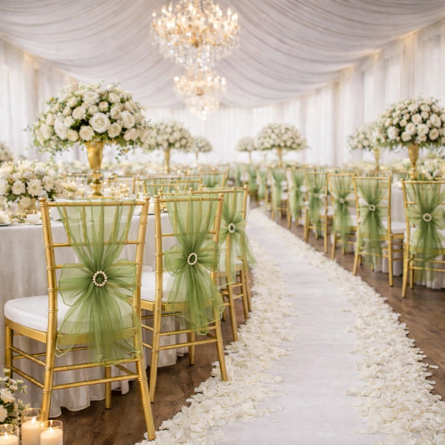 Dusty sage green organza chair sashes for weddings.