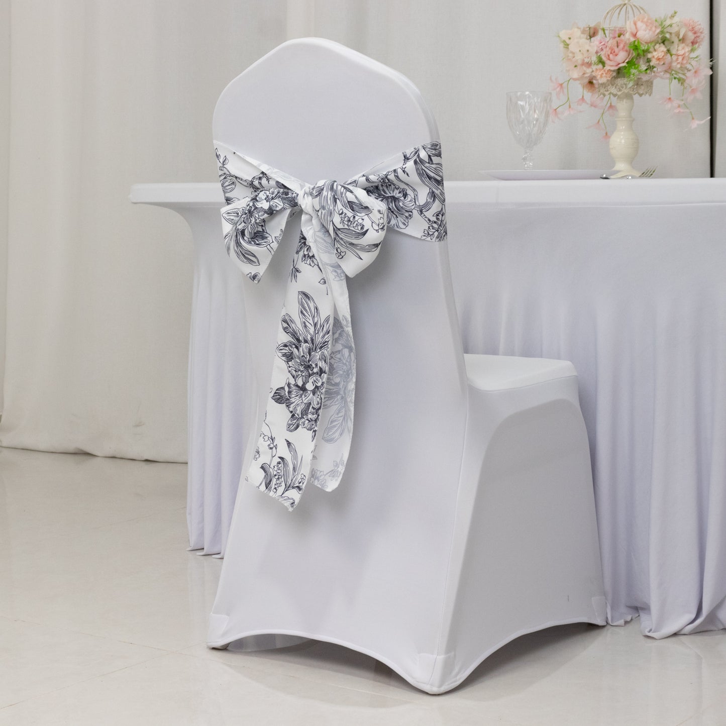 6"x108" White Black French Toile Polyester Chair Sashes, Elegant Chair Ties for Weddings, Parties, Banquets