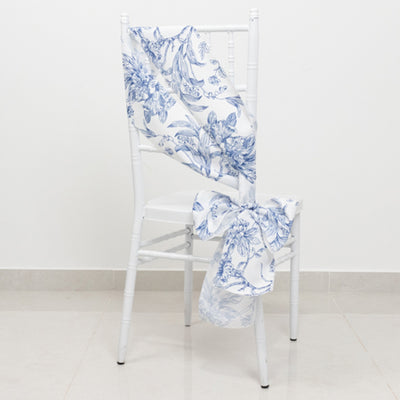 White Blue French Toile Polyester Chair Sashes