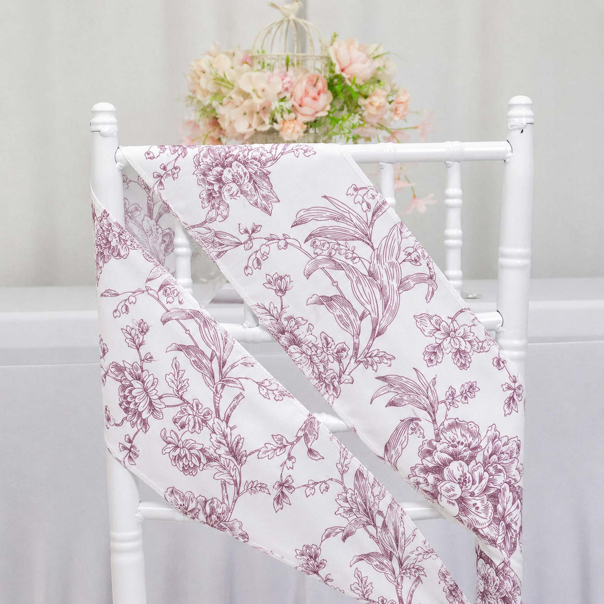 5 Pack Polyester Chair Sashes White Burgundy French Toile Floral Design - Wrinkle-Resistant & Durabl
