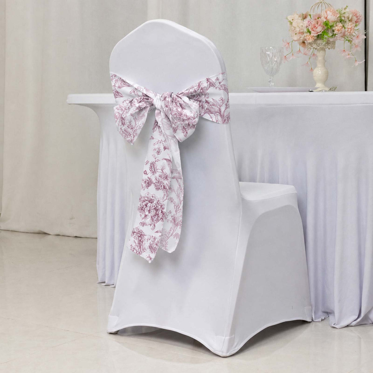 5 Pack Polyester Chair Sashes White Burgundy French Toile Floral Design - Wrinkle-Resistant & Durabl
