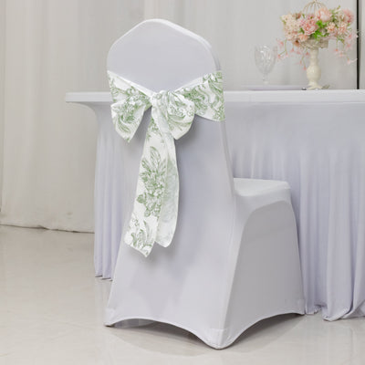 Elegant White & Dusty Sage Green French Toile Chair Sashes