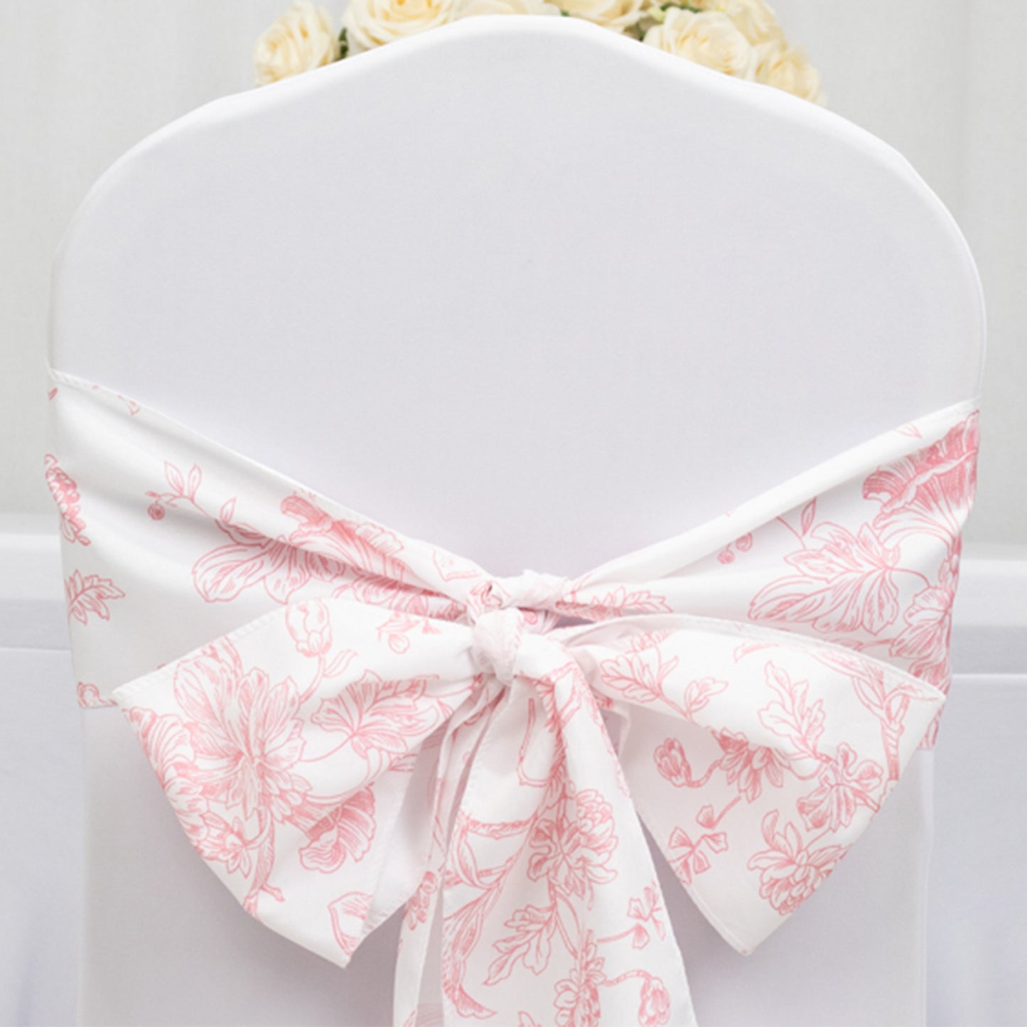 6"x108" White Pink French Toile Polyester Chair Sashes, Elegant Chair Ties for Weddings, Parties, Banquets