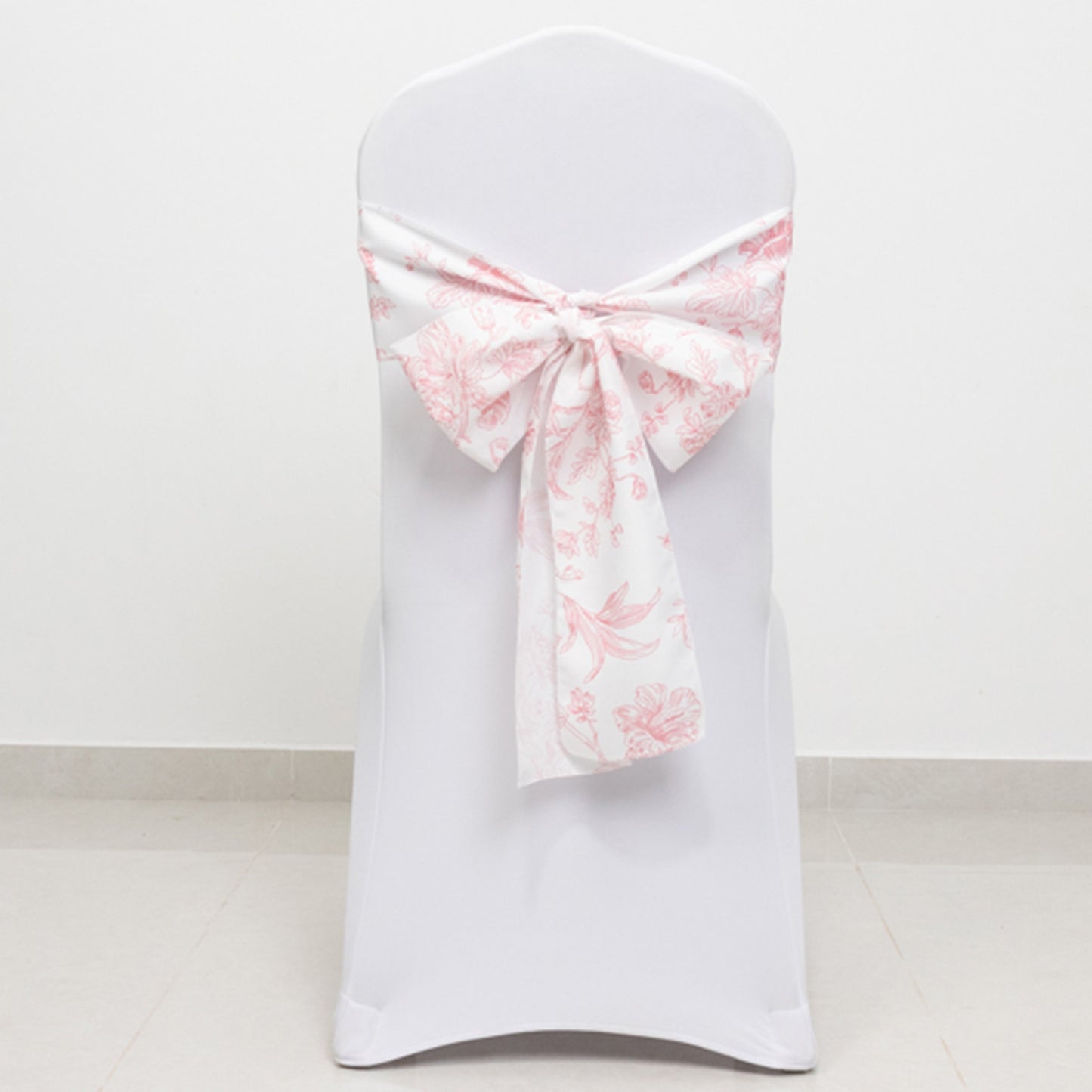 6"x108" White Pink French Toile Polyester Chair Sashes, Elegant Chair Ties for Weddings, Parties, Banquets