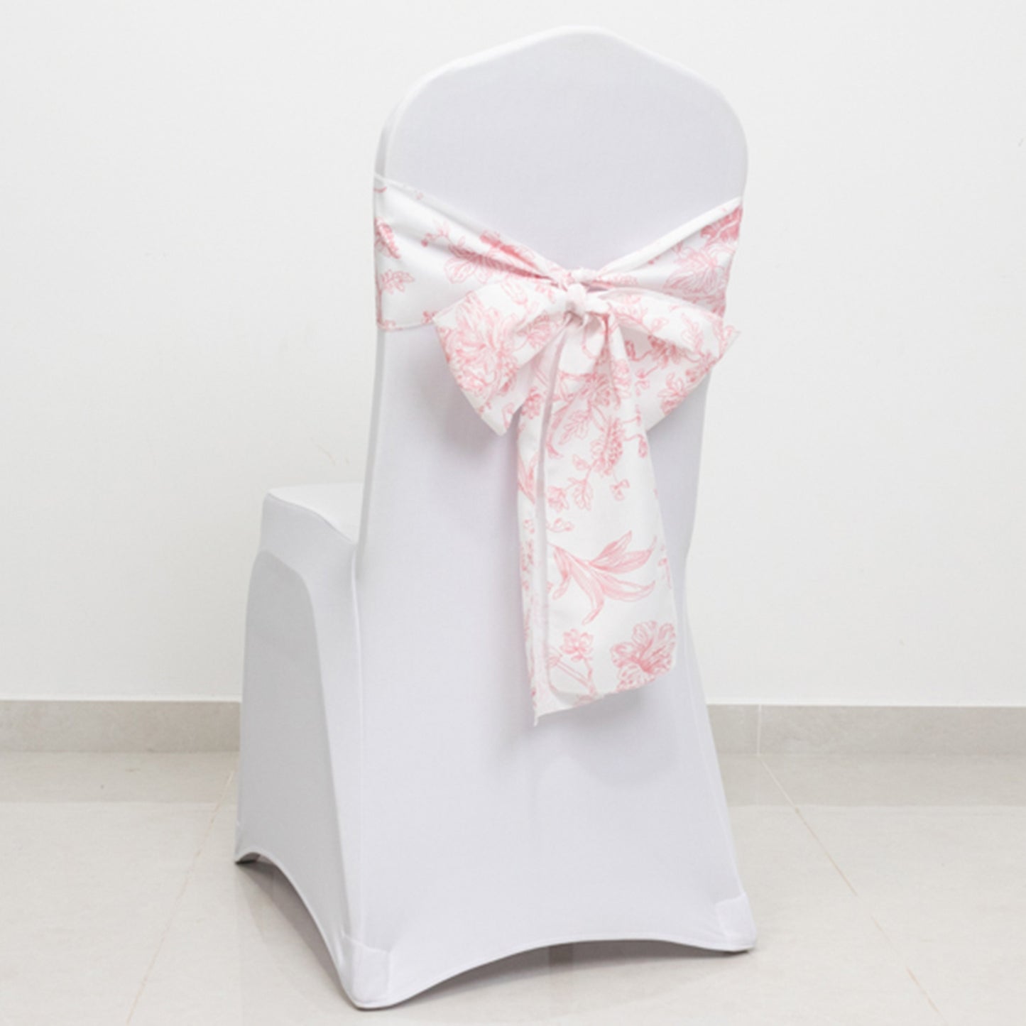 6"x108" White Pink French Toile Polyester Chair Sashes, Elegant Chair Ties for Weddings, Parties, Banquets