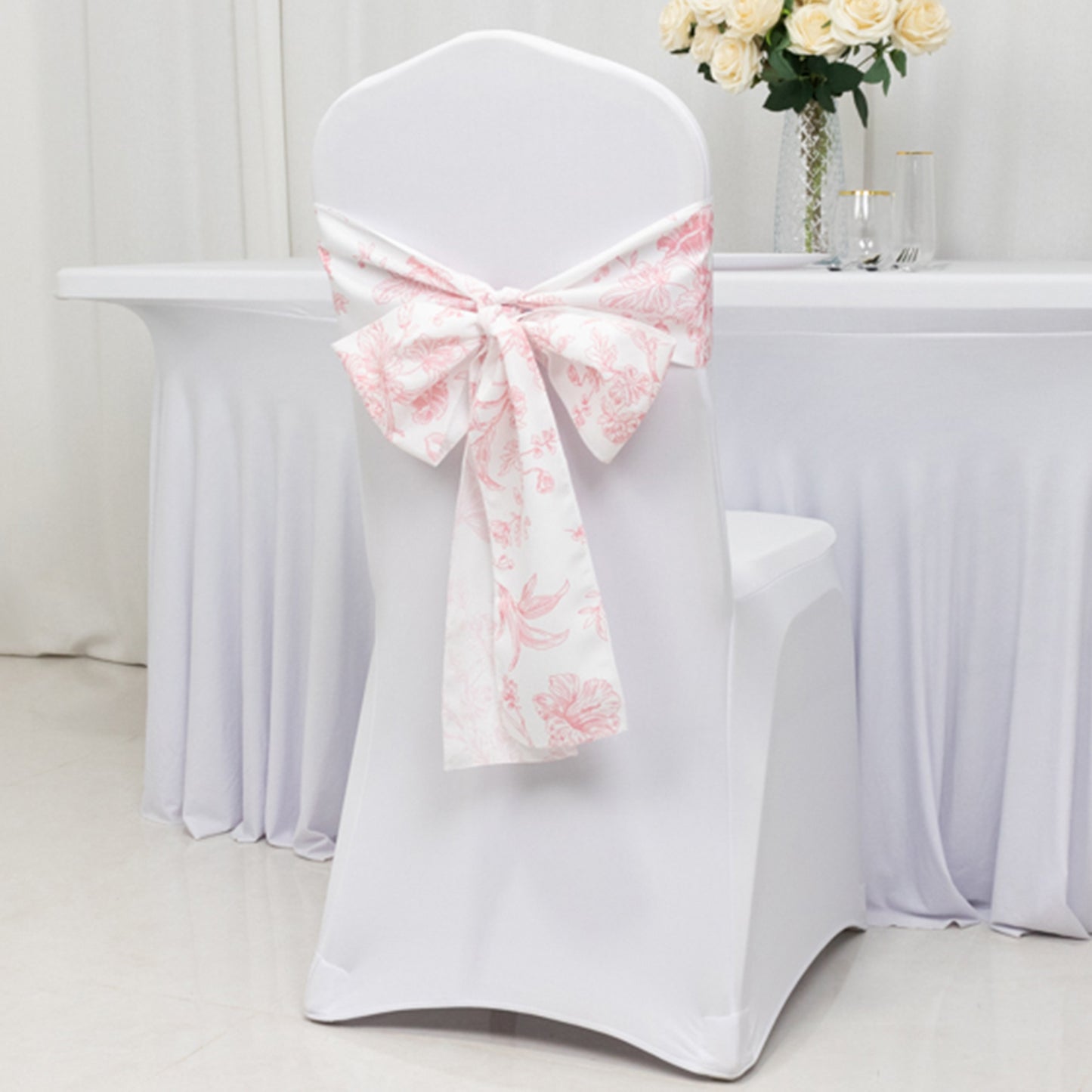 6"x108" White Pink French Toile Polyester Chair Sashes, Elegant Chair Ties for Weddings, Parties, Banquets