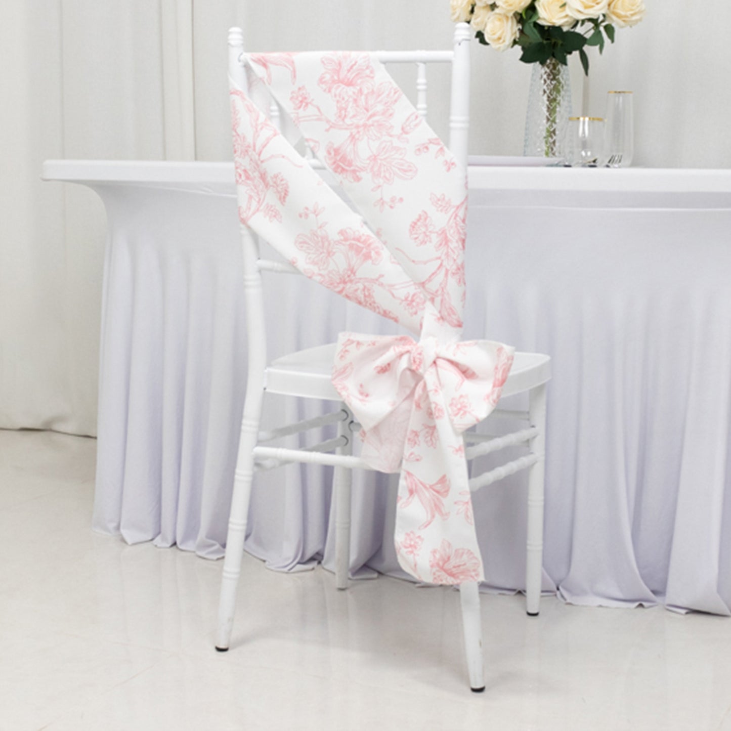 6"x108" White Pink French Toile Polyester Chair Sashes, Elegant Chair Ties for Weddings, Parties, Banquets