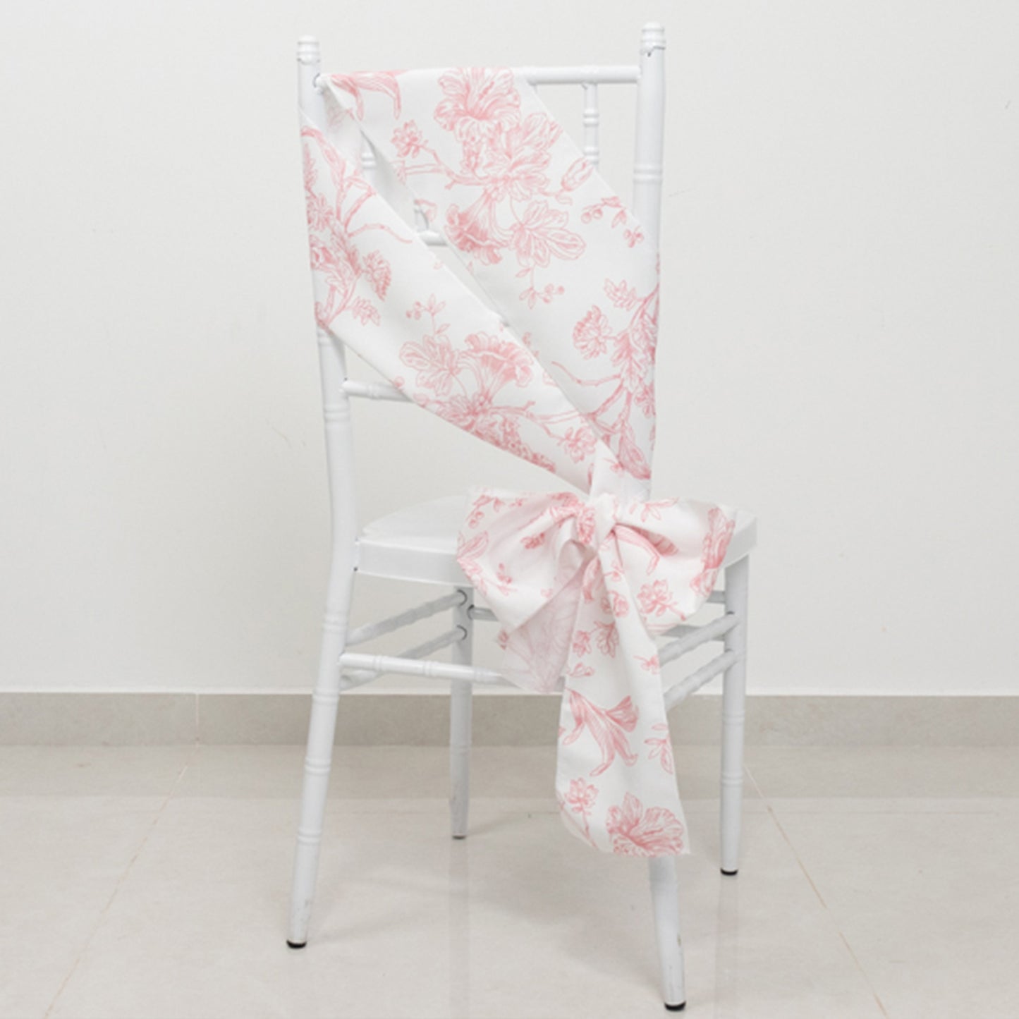 6"x108" White Pink French Toile Polyester Chair Sashes, Elegant Chair Ties for Weddings, Parties, Banquets