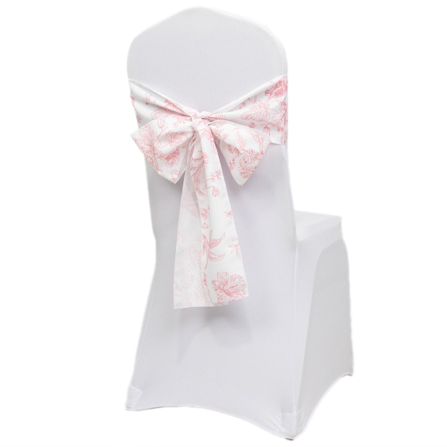 6"x108" White Pink French Toile Polyester Chair Sashes, Elegant Chair Ties for Weddings, Parties, Banquets