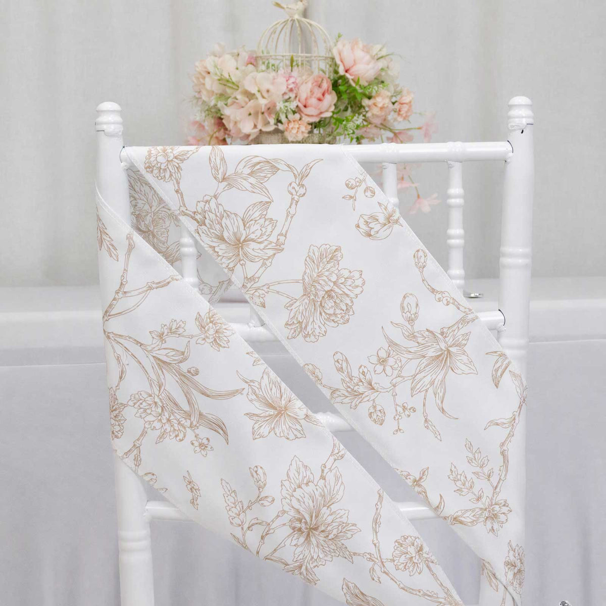 5 Pack Polyester Chair Sashes White Taupe French Toile Floral Design - Wrinkle-Resistant & Durable C