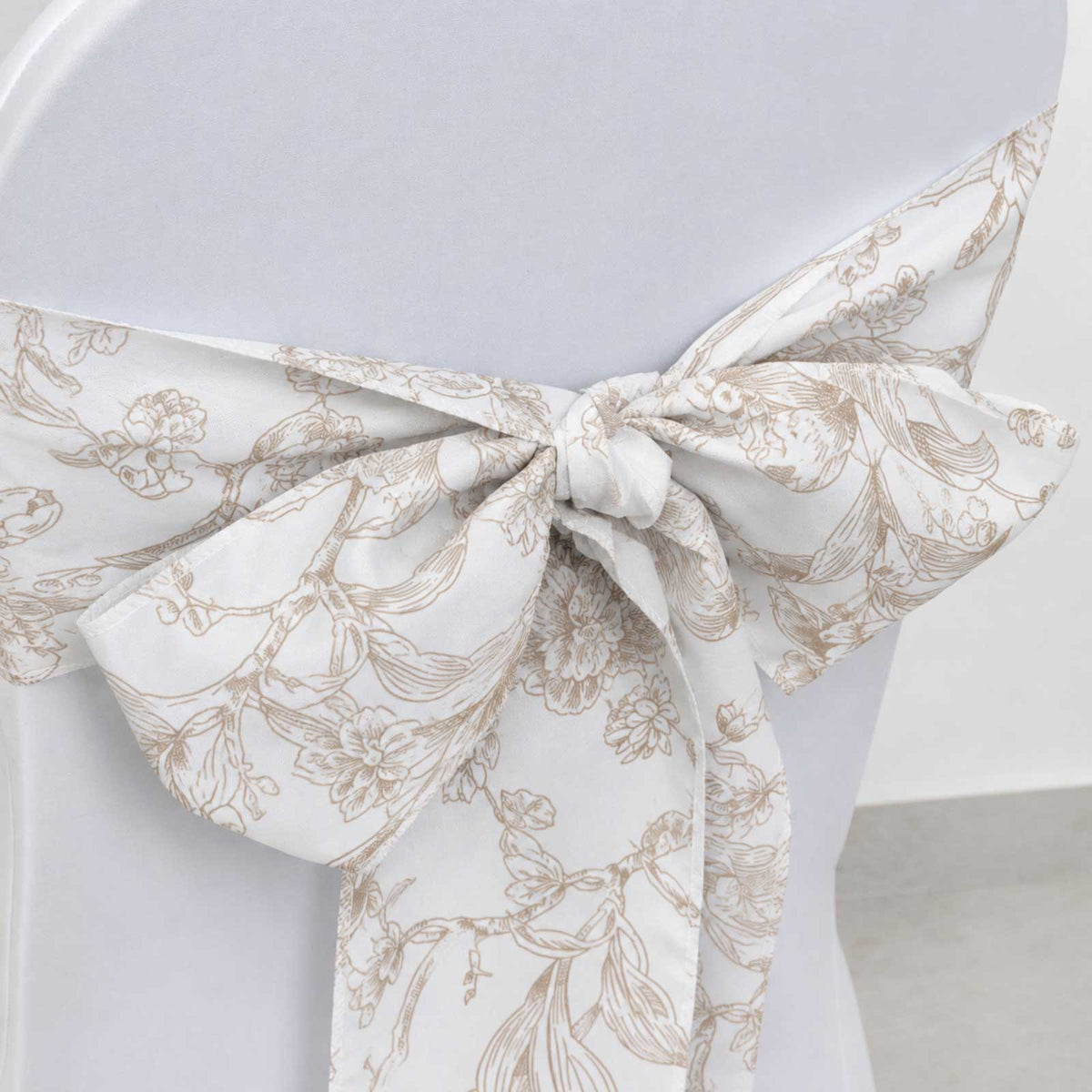 5 Pack Polyester Chair Sashes White Taupe French Toile Floral Design - Wrinkle-Resistant & Durable C