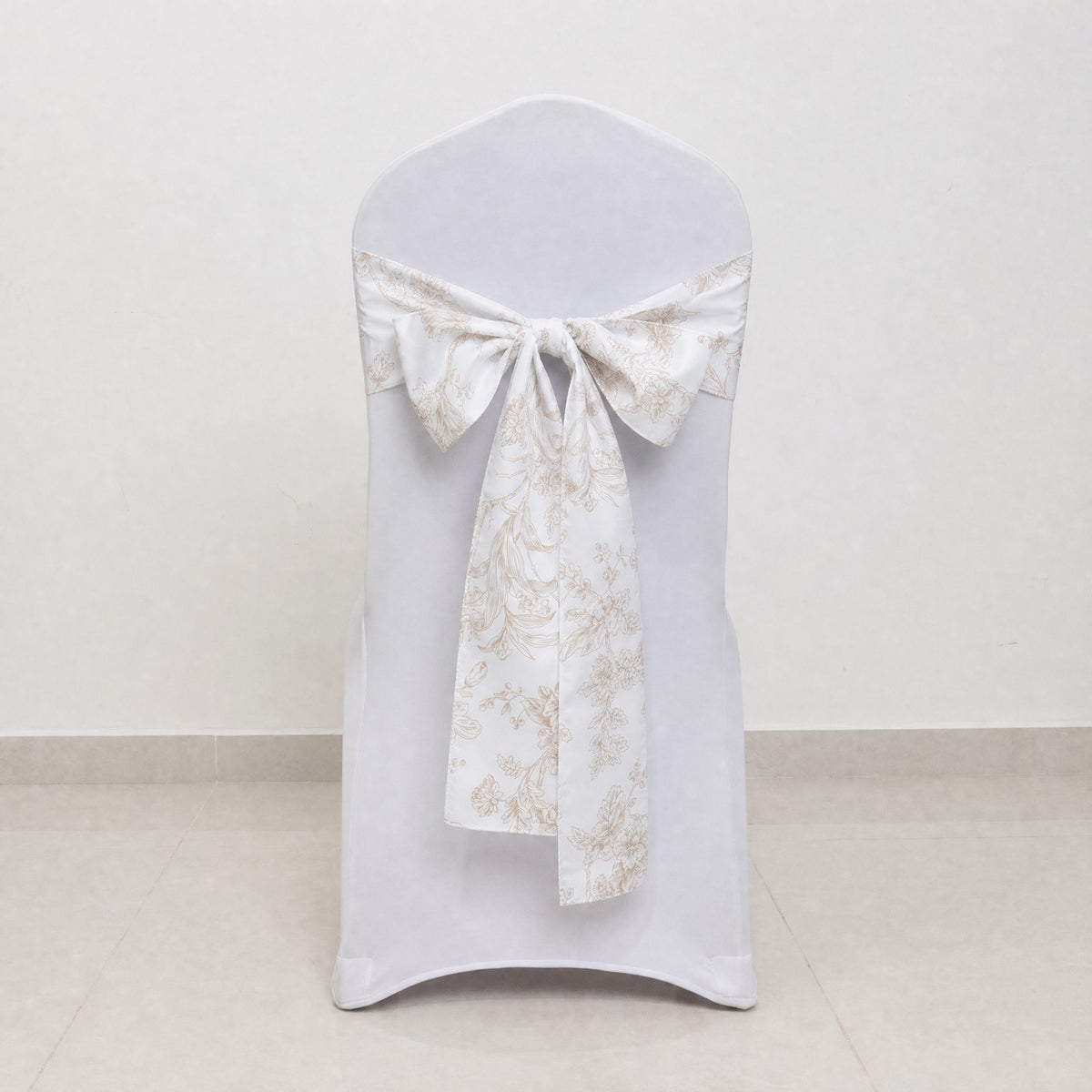 5 Pack Polyester Chair Sashes White Taupe French Toile Floral Design - Wrinkle-Resistant & Durable C