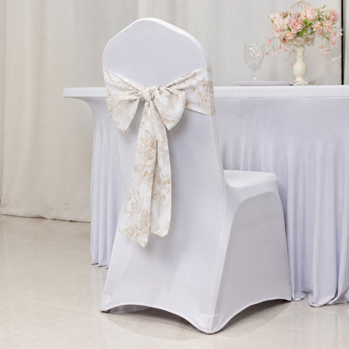 5 Pack Polyester Chair Sashes White Taupe French Toile Floral Design - Wrinkle-Resistant & Durable C