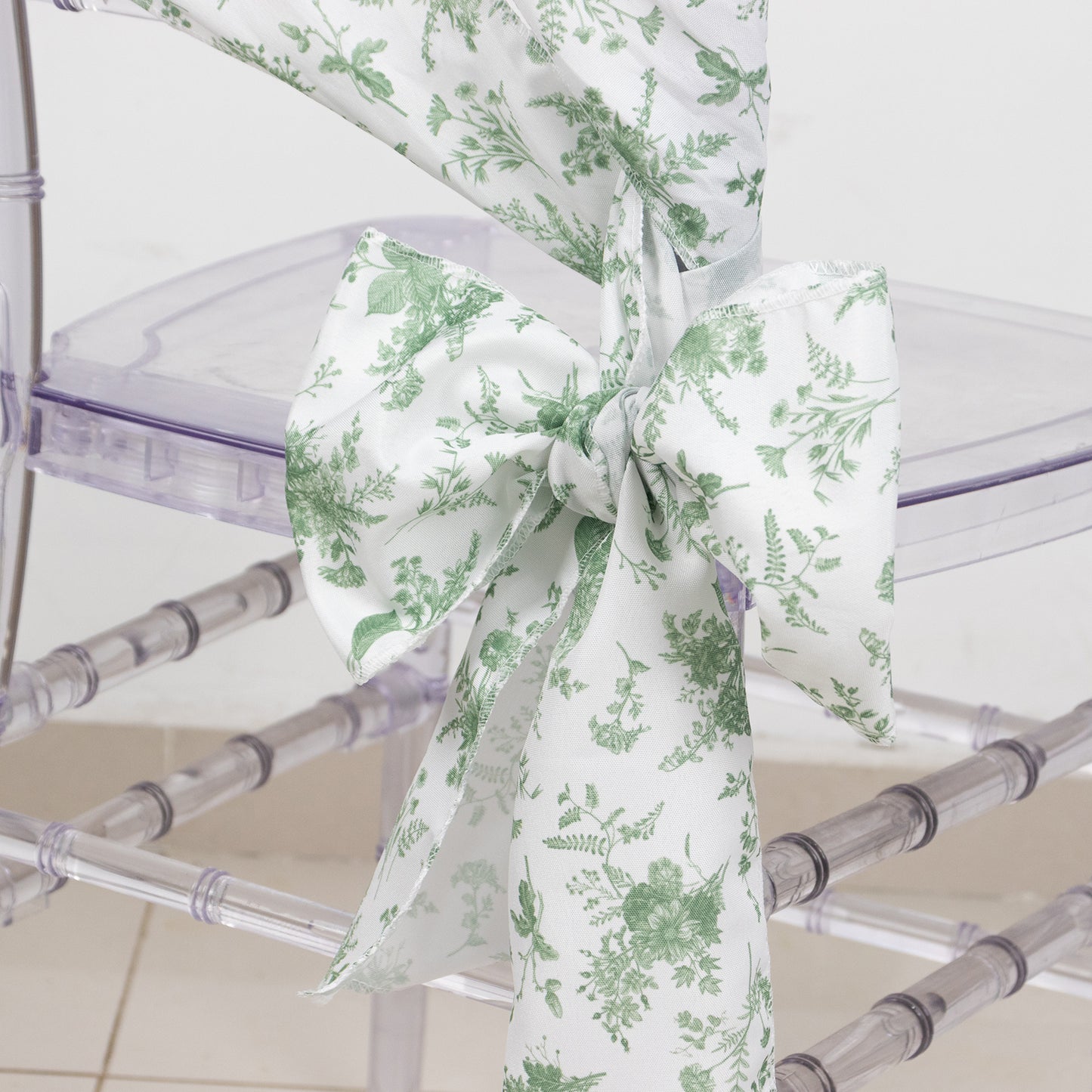 5 Pack Dusty Sage Green Floral Polyester Chair Sashes in French Toile Pattern - 6"x108"