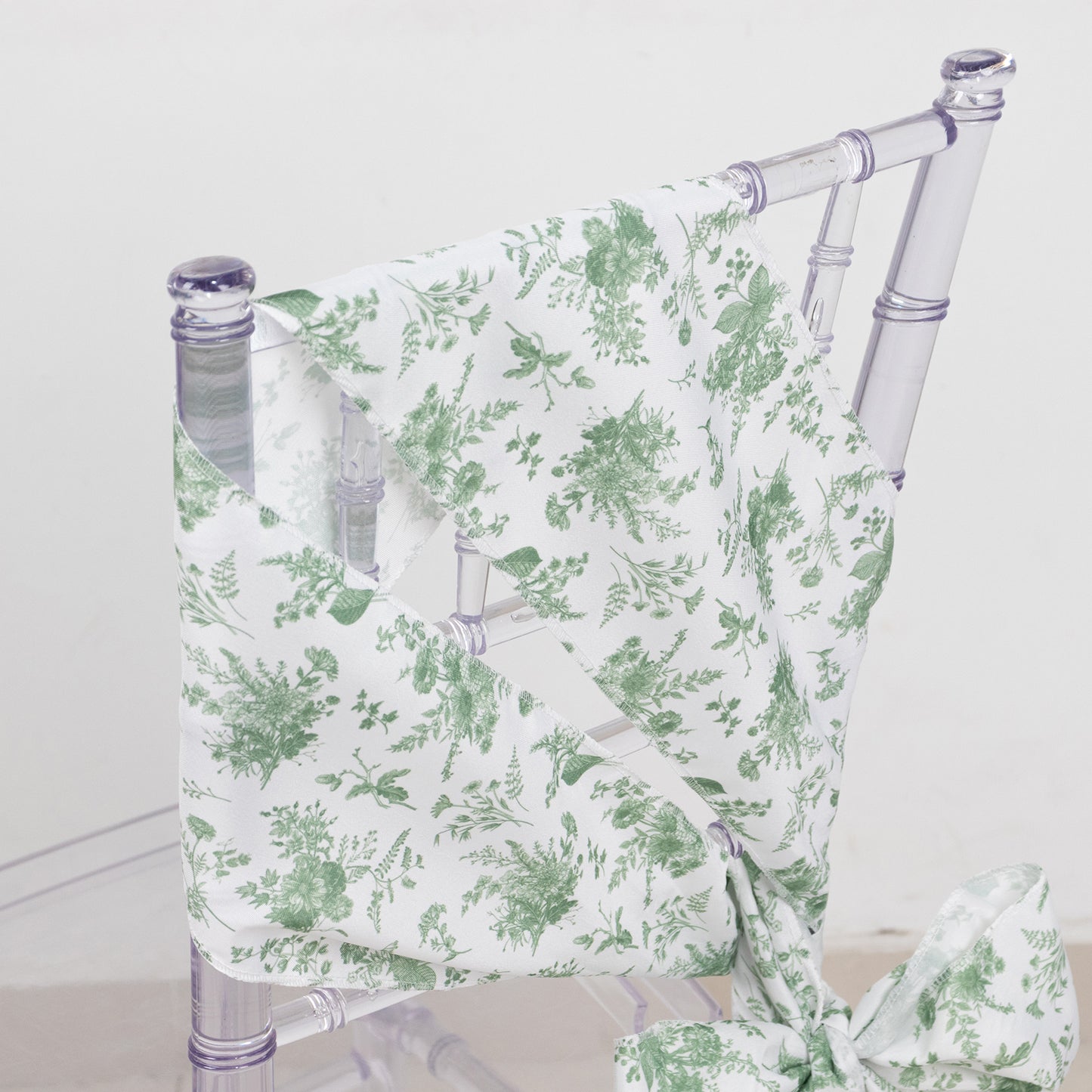 5 Pack Dusty Sage Green Floral Polyester Chair Sashes in French Toile Pattern - 6"x108"