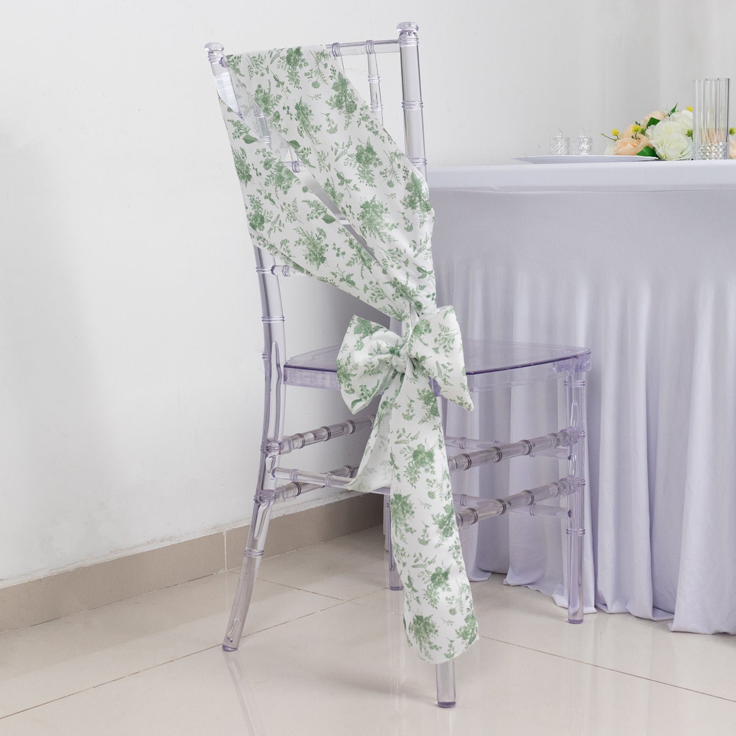 5 Pack Dusty Sage Green Floral Polyester Chair Sashes in French Toile Pattern - 6"x108"