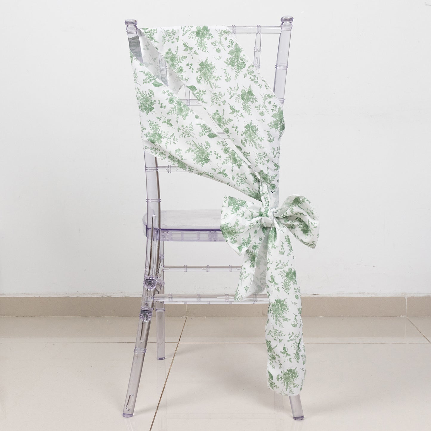 5 Pack Dusty Sage Green Floral Polyester Chair Sashes in French Toile Pattern - 6"x108"