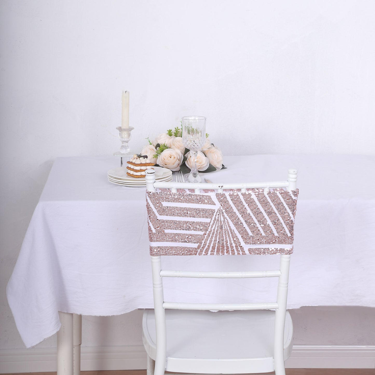 5 Pack Rose Gold Diamond Glitz Sequin White Spandex Chair Sash Bands, Sparkly Geometric Stretchable Chair Sashes
