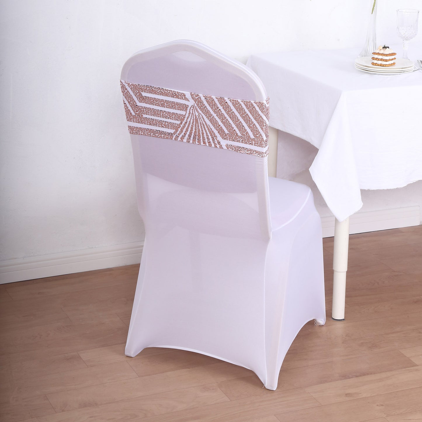 5 Pack Rose Gold Diamond Glitz Sequin White Spandex Chair Sash Bands, Sparkly Geometric Stretchable Chair Sashes