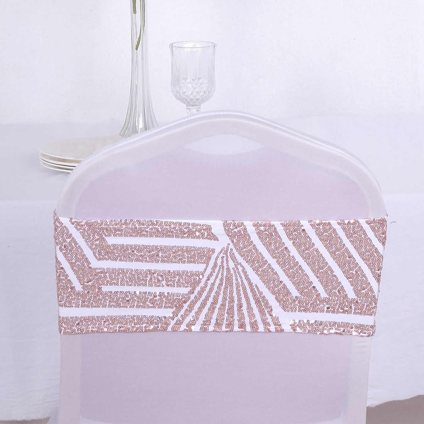 5 Pack Rose Gold Diamond Glitz Sequin White Spandex Chair Sash Bands, Sparkly Geometric Stretchable Chair Sashes