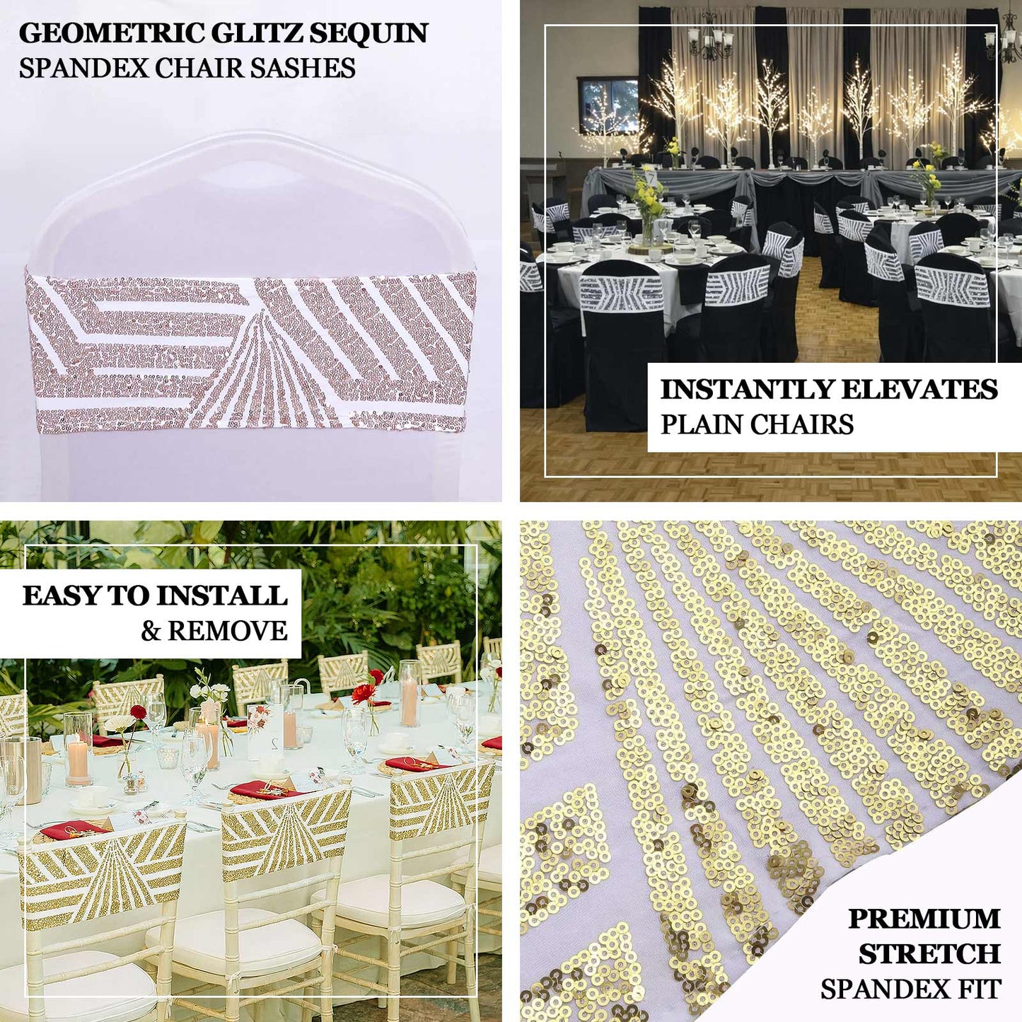 Silver sequin stretchable chair sashes for elegant decor.