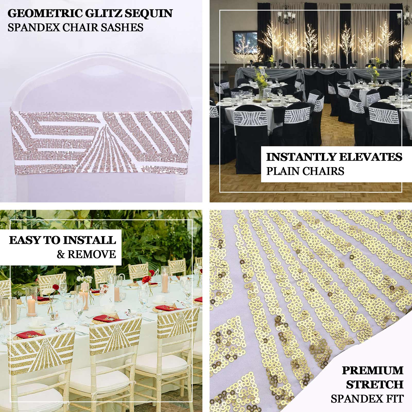 Gold sequin stretchable chair sashes for elegant event decor.