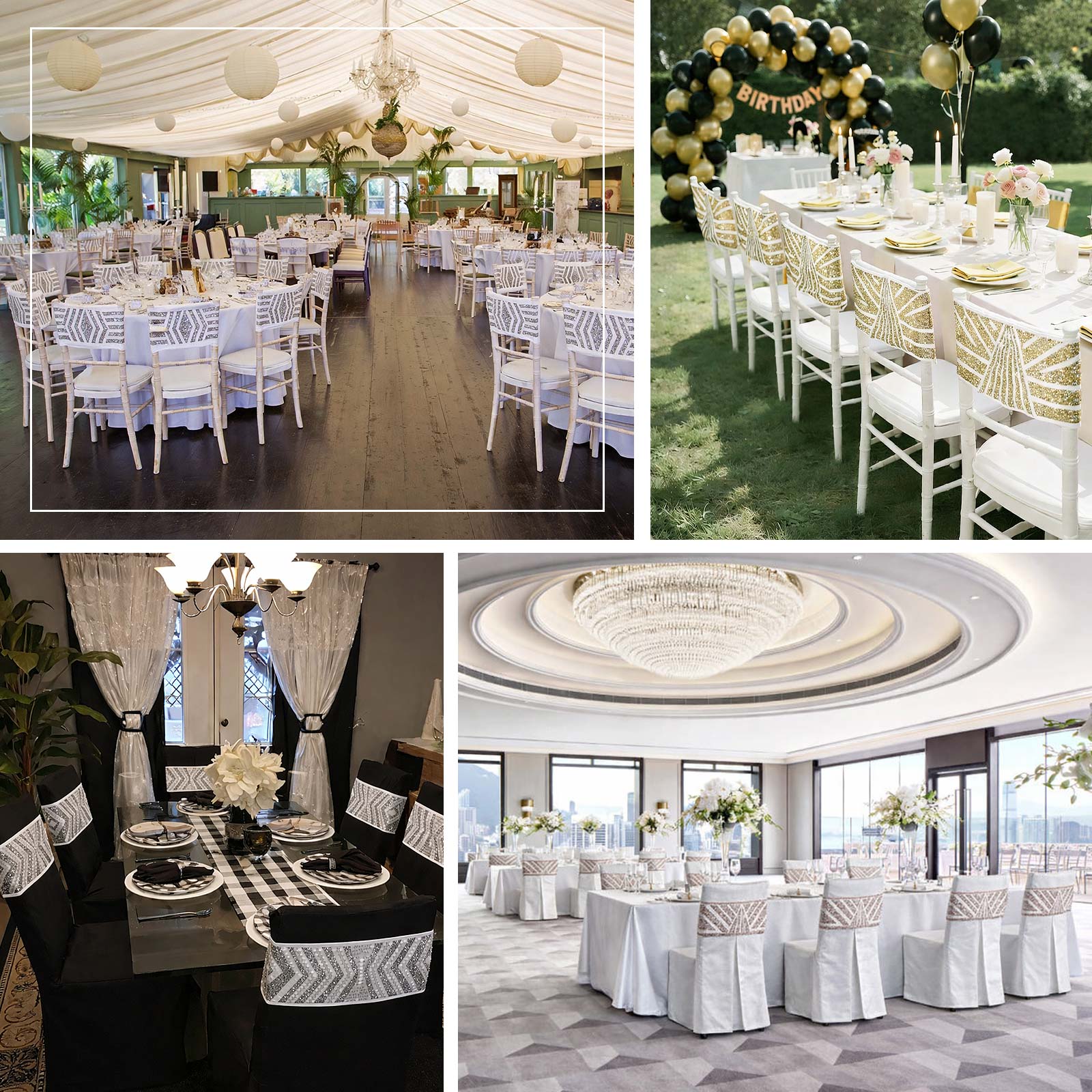Gold sequin chair sashes for elegant event decor.