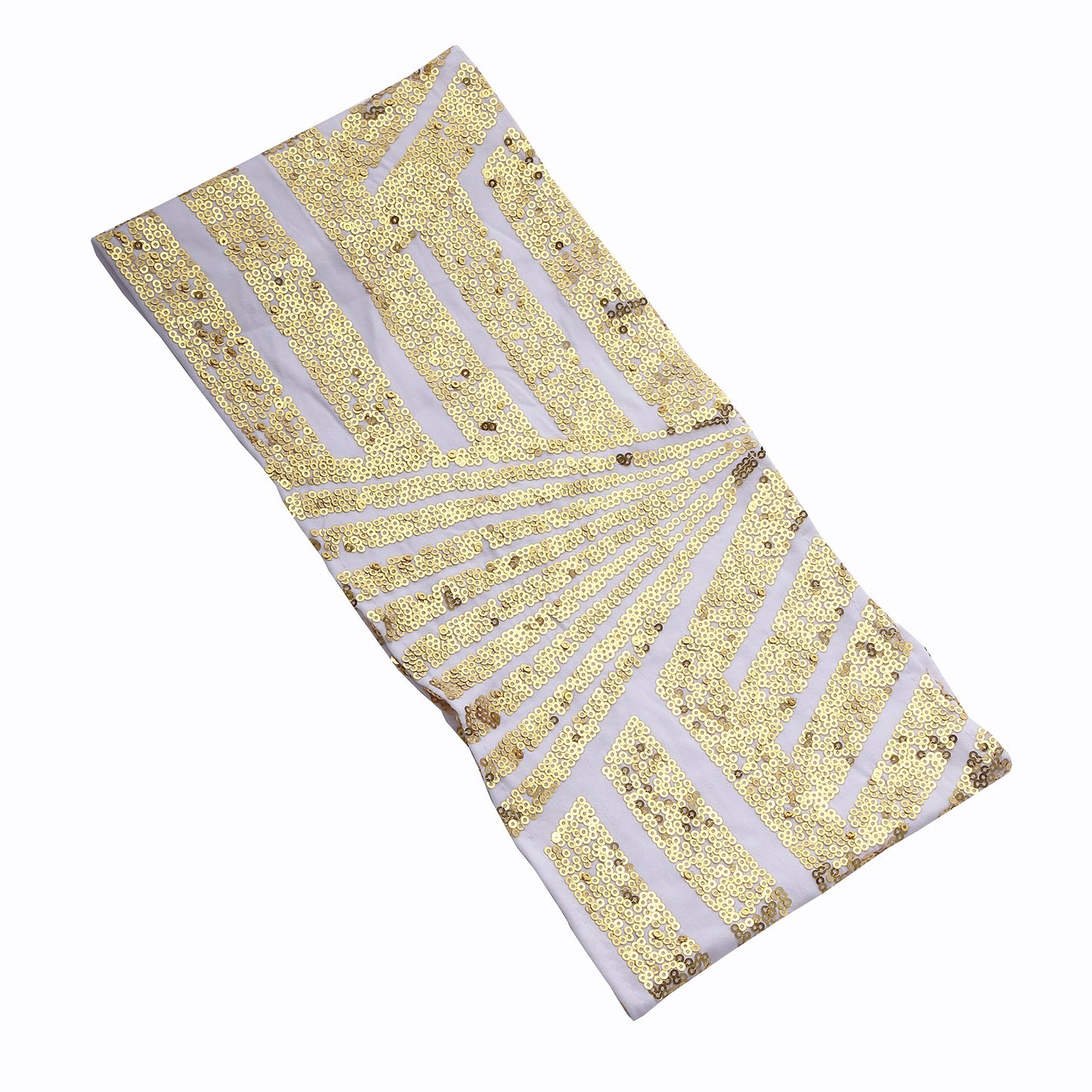 Gold sequin white spandex chair sash with sparkly geometric design.
