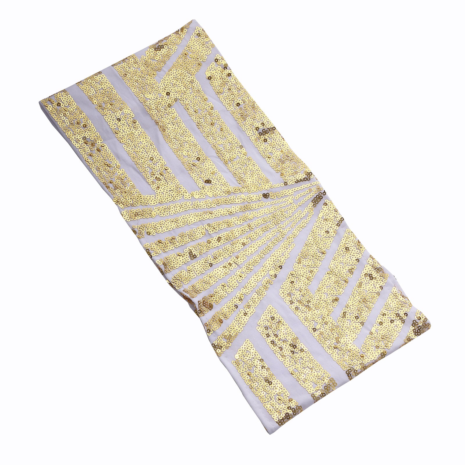 Gold sequin white spandex chair sash with sparkly geometric design.