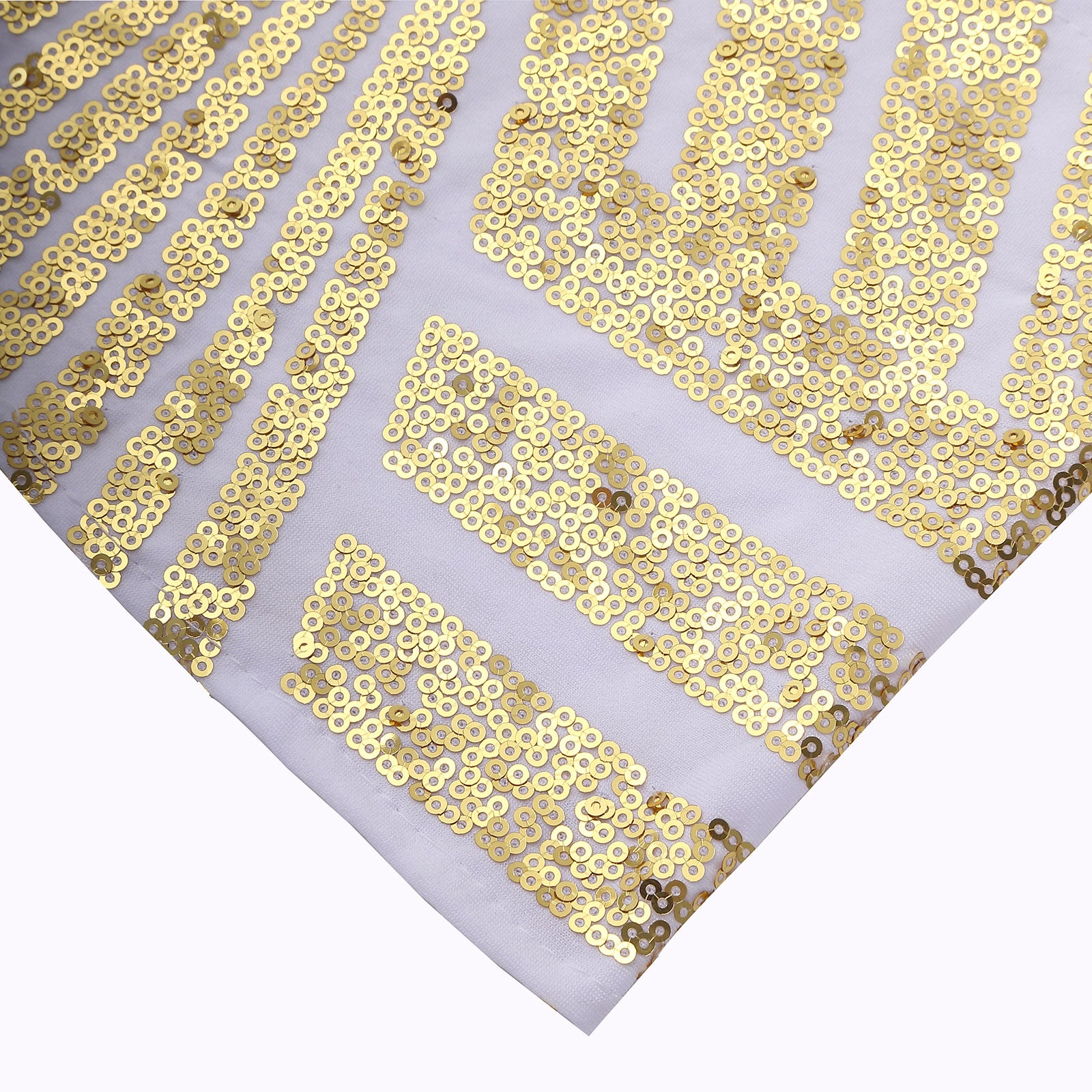 Gold sequin chair sashes with white spandex, perfect for events.