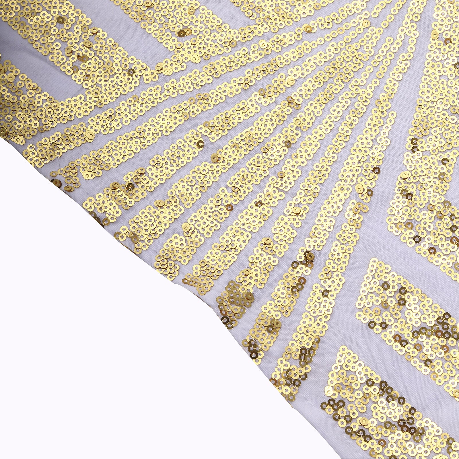 Gold sequin chair sash with geometric design on white spandex.