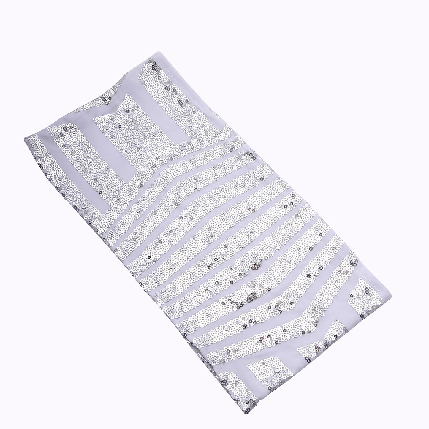 Silver sequin white spandex chair sash with geometric patterns.