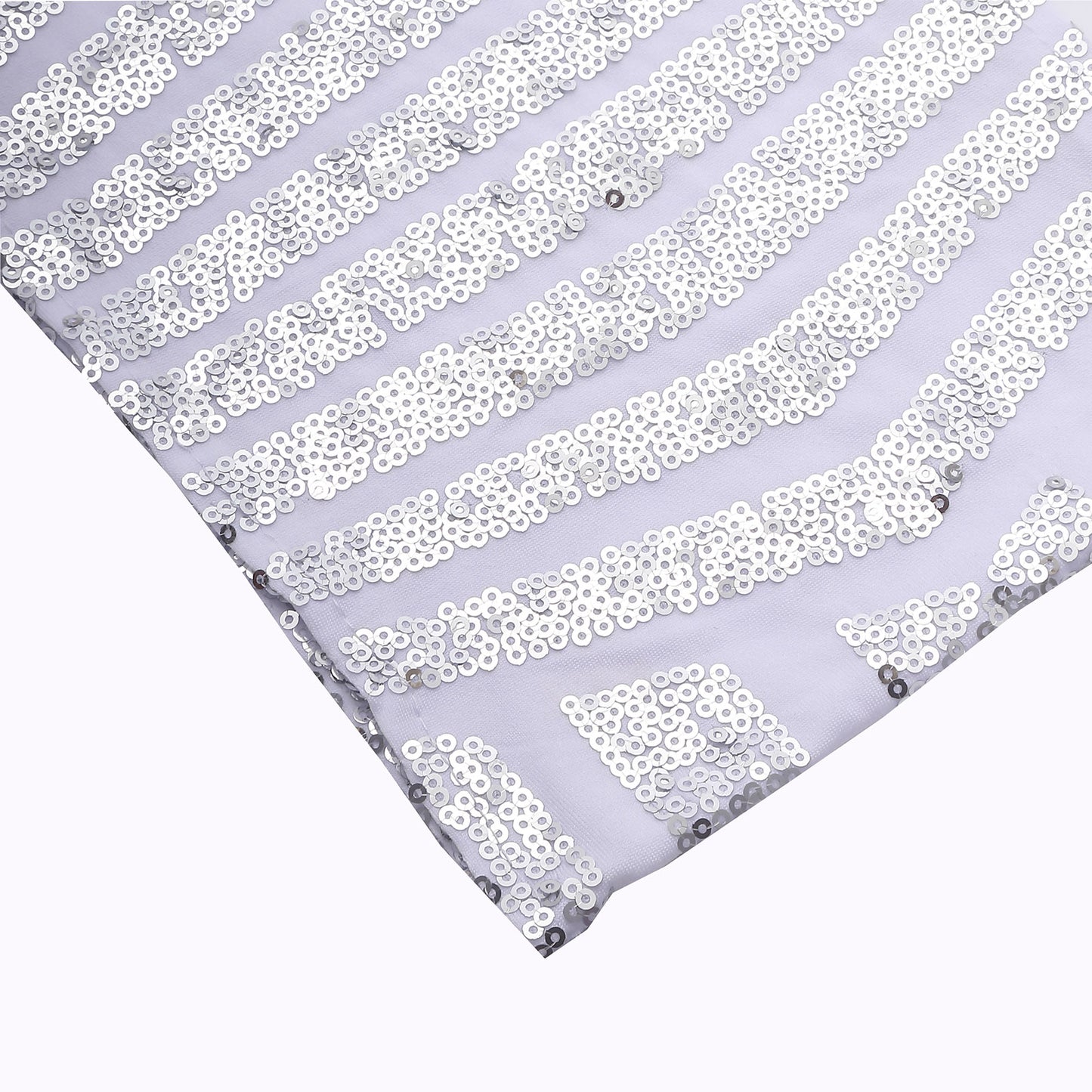 Silver sequin chair sash bands with geometric design on white spandex.