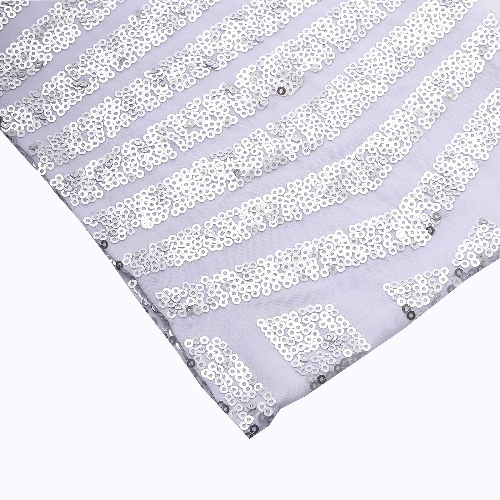 Silver sequin chair sash bands with geometric design on white spandex.
