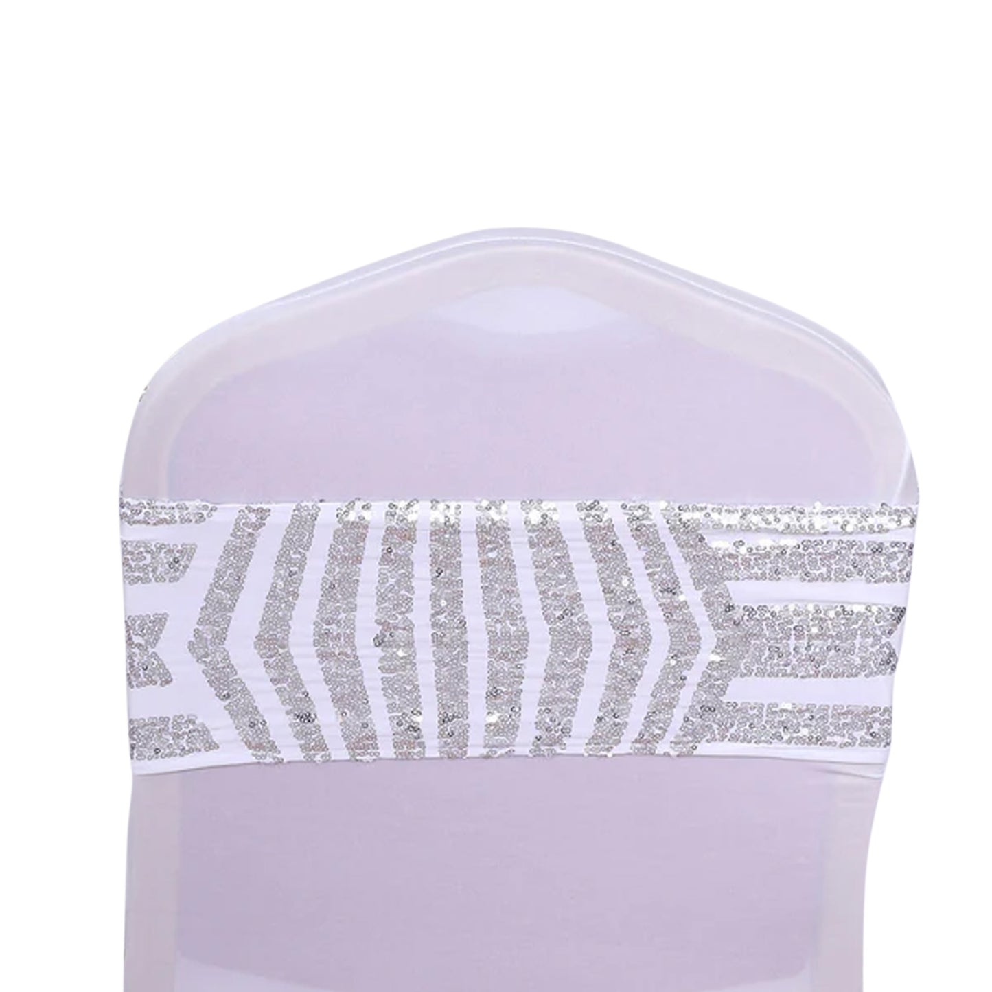 Silver sequin stretchable chair sash band on a white chair. #whtbkgd
