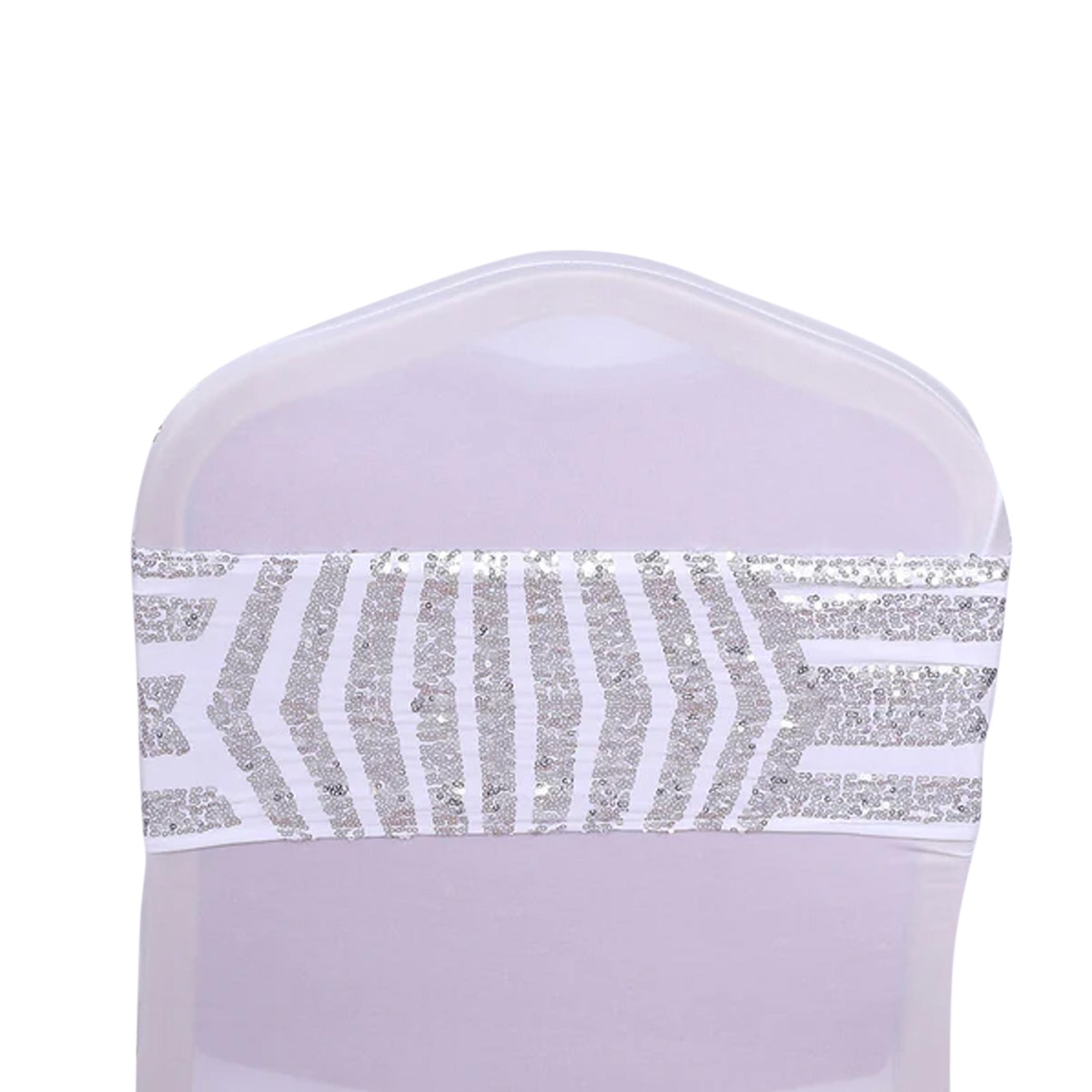 Silver sequin stretchable chair sash band on a white chair. #whtbkgd