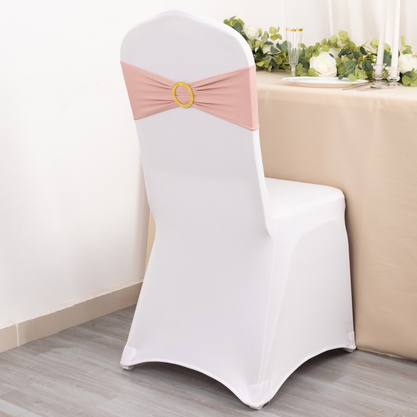 5 Pack Dusty Rose Spandex Chair Sashes with Gold Diamond Buckles, Elegant Stretch Chair Bands and Slide On Brooch Set - 5"x14"