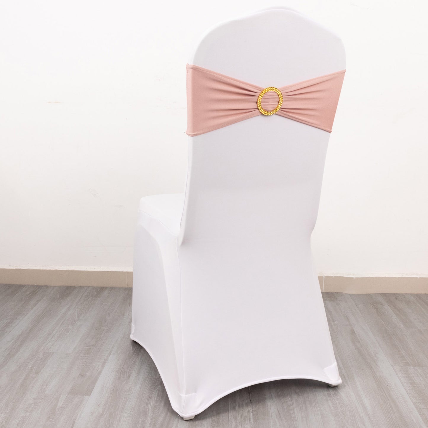 5 Pack Dusty Rose Spandex Chair Sashes with Gold Diamond Buckles, Elegant Stretch Chair Bands and Slide On Brooch Set - 5"x14"