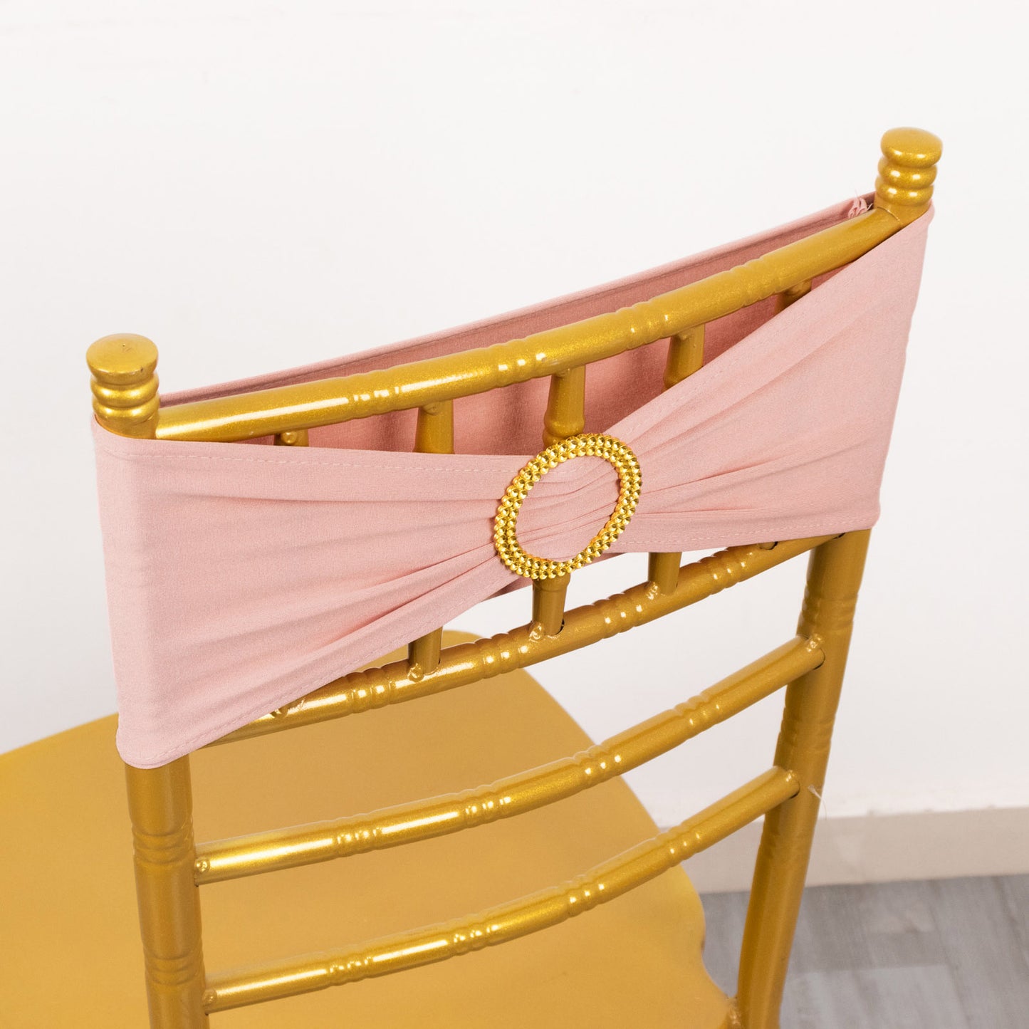 5 Pack Dusty Rose Spandex Chair Sashes with Gold Diamond Buckles, Elegant Stretch Chair Bands and Slide On Brooch Set - 5"x14"