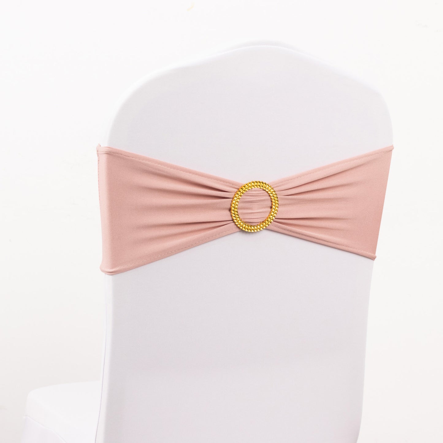 5 Pack Dusty Rose Spandex Chair Sashes with Gold Diamond Buckles, Elegant Stretch Chair Bands and Slide On Brooch Set - 5"x14"